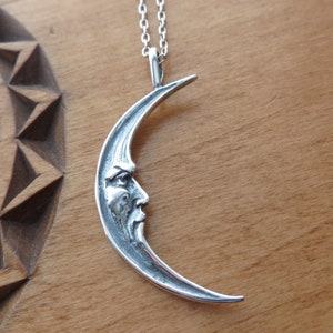 Solid 925 Sterling Silver Vintage Style Crescent Man in the Moon Pendant Necklace - Handcast in the USA - Chains are Optional