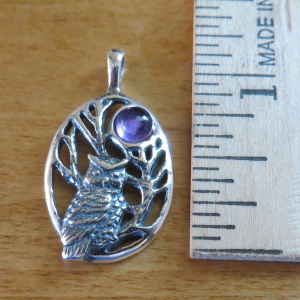 Solid 925 Sterling Silver Owl and Full Moon Tree with Gemstone Pendant Necklace-  Chains are Optional