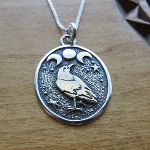 Sterling Silver Raven & Triple Moon Goddess Pendant - My Original Design - Handmade in the USA