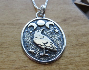 Raven Triple Moons Black Crow Pendant Solid 925 Sterling Silver My Original - Chains are optional- Made in the USA