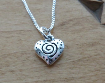 Solid 925 Sterling Silver Dainty Double sided Puffy Heart Spiral Charm, Necklace or Earrings, Made in the USA - Chains Optional