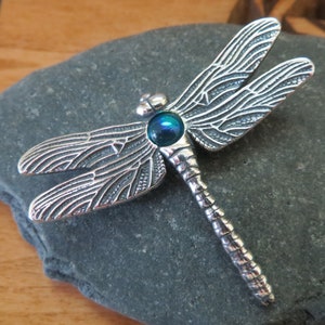 May include: Silver dragonfly pendant with a blue iridescent gemstone in the center. The dragonfly's wings are detailed with intricate patterns.