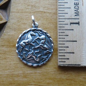 May include: Silver pendant featuring a circular design with four horses in a knot-like pattern. The pendant has a rope-like border.