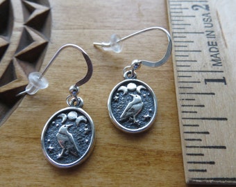 925 Solid Sterling Silver Small Raven Black Crow Triple Moon Lunar Earrings - My Original Design - Handmade in the USA