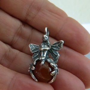 Solid 925 Sterling Silver Garden Fairy with Gemstone sphere - My Original Pendant - Handmade here in the USA - Chains are Optional