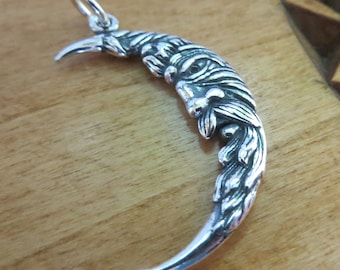 Handcast Solid 925 Sterling Silver  Double Sided Crescent Man in the Moon Pendant Necklace or Earrings - Chain Optional