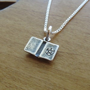 Solid 925 Sterling Silver tiny Book of Shadows with Pentagram Charm Necklace or Earrings My Original - Handmade in the USA