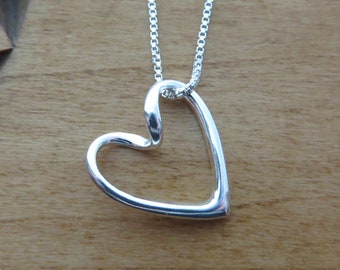 925 Solid Sterling Silver Floating Heart Ribbon Pendant Necklace  - Handcast in USA - Chains are Optional