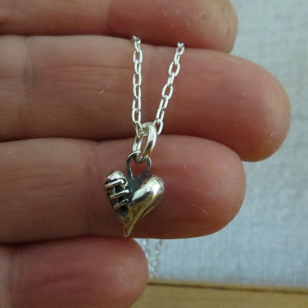 Solid 925 Handcast in the USA Sterling Silver Tiny Mended Heart Charm - Stitched - Broken Heart, Love Jewelry, Pendant -Chains Optional