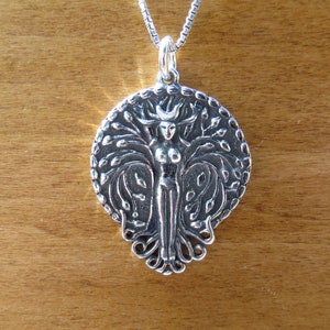 Solid 925 Handcast Sterling Silver Double sided Tree Goddess Ostara with Moon and Pentagram Pendant Necklace - Chains Optional