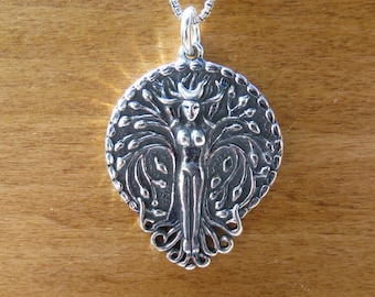 Solid 925 Handcast Sterling Silver Double sided Tree Goddess Ostara with Moon and Pentagram Pendant Necklace - Chains Optional