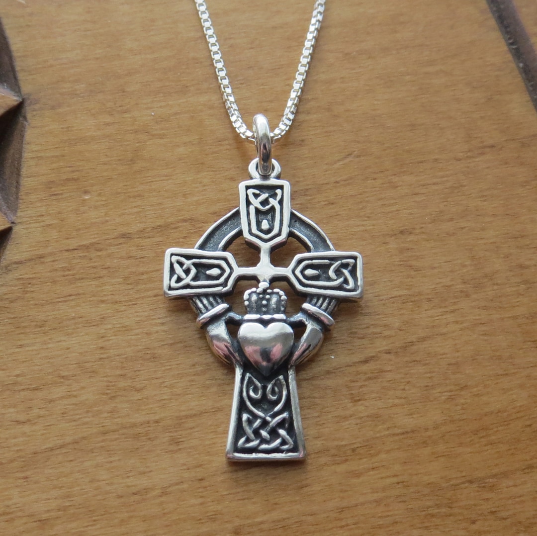 Solid 925 Sterling Silver Irish Celtic Cross Claddagh Heart Pendant ...