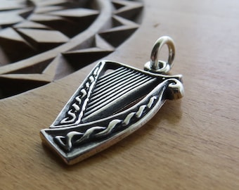 Solid 925 Sterling Silver Irish Jewelry - Gaelic Celtic Harp Pendant Necklace - Handmade here in the USA