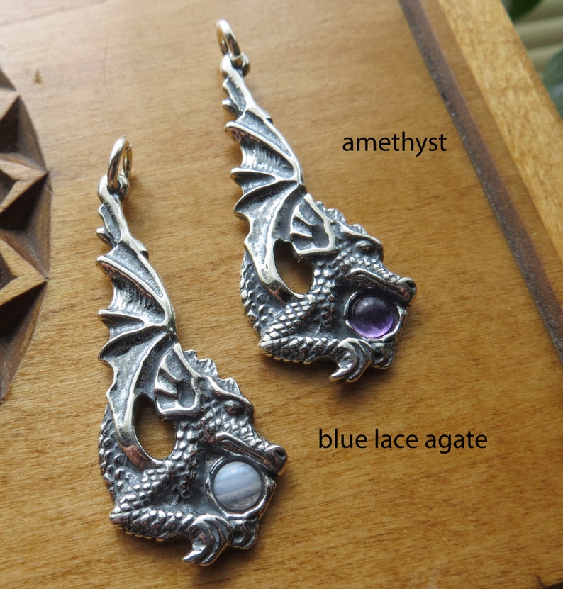 Solid 925 Sterling Silver Dragon Pendant with Gemstone Necklace Chain Optional image 4