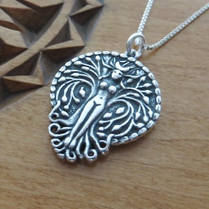 Solid 925 Sterling Silver Double sided Pagan Tree Goddess with Moon and Pentagram Pendant  - Handmade in the USA