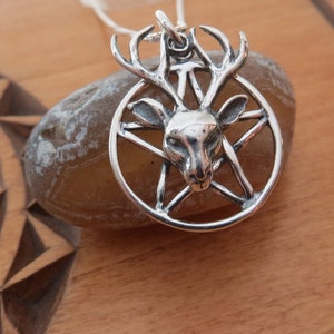 Solid 925 Sterling Silver Small Cernunnos Stag and Pentagram Pendant Necklace - Handmade here in the USA - Chains are Optional