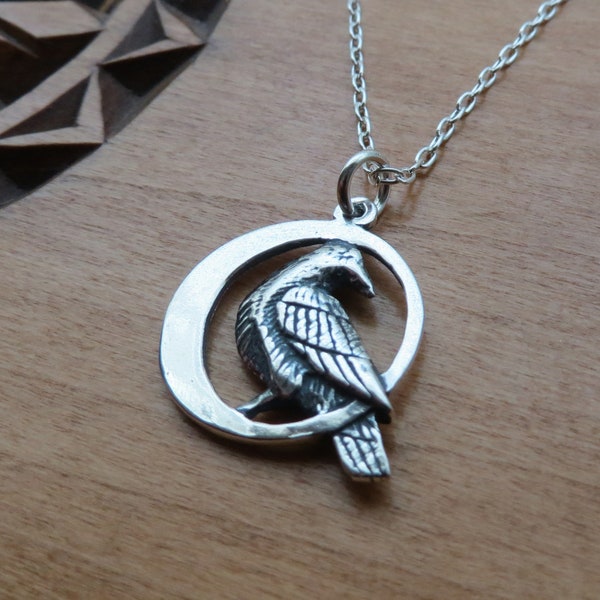 Solid 925 Sterling Silver Raven Crescent Moon Double Sided Pendant Necklace My ORIGINAL - Chains Optional
