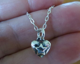 Solid 925 Sterling Silver Puffy Heart & Star Charm Necklace or Earrings - Handmade in the USA