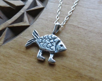 Solid 925 Sterling Silver Evolution Darwin Walking Fish with feet - My ORIGINAL Design Pendant Necklace - Chains are Optional