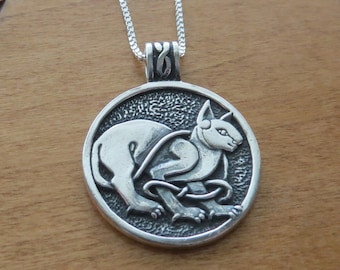 Solid 925 Sterling Silver Celtic Cat Pendant Medallion Necklace My Original - Handmade in the USA