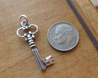 Solid 925 Sterling Silver Skeleton Key Charm Necklace or Earrings – Victorian Style, Double Sided