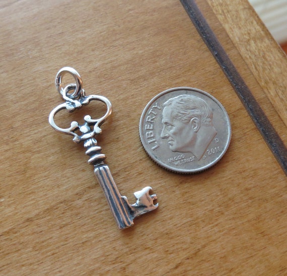Solid 925 Sterling Silver Skeleton Key Charm Necklace or Earrings – Victorian Style, Double Sided