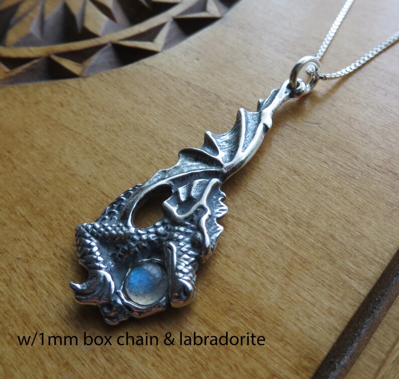 Solid 925 Sterling Silver Dragon Pendant with Gemstone Necklace Chain Optional image 1