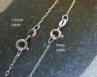 Solid 925 Sterling Silver 1mm and 1.5mm Pendant Charm Cable Link Chains