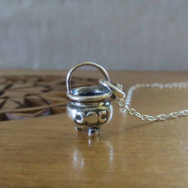 Solid 925 Sterling Silver Little Triple Moon 3D Witches Cauldron, Pendant or Earrings - Handmade in the USA