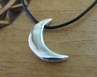 Solid 925 Sterling Silver Waxing or Waning Crescent Moon Phases Pendant  My ORIGINAL WAX carving with leather cord- Handcast in the USA