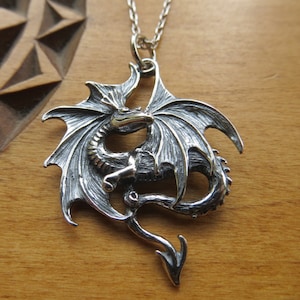 Solid 925 Sterling Silver Dragon Pendant Necklace - Handmade here in the USA - Chains are Optional