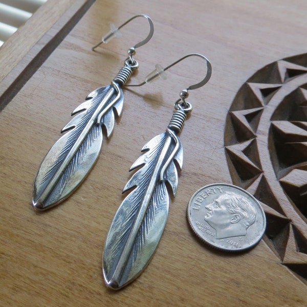 Solid 925 Handcast Sterling Silver My ORIGINAL Large Raven Corvid Feather Eagle Pendant or Earrings - Made in the USA - Chains Optional