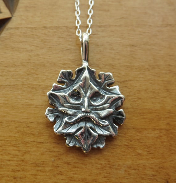 Solid 925 Sterling Silver Green Man Greenman - My Original Pendant Necklace - Handmade here in the USA