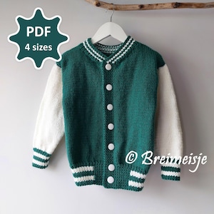 May include: A green and white knitted varsity jacket with white button closures. The jacket has white sleeves and striped cuffs and collar. The image includes the text "PDF 4 sizes".