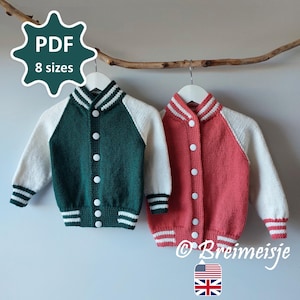 Letterman Jacket with Raglan Sleeves Knitting Pattern | 8 sizes | English Only | Row by row description with lots of photo’s!