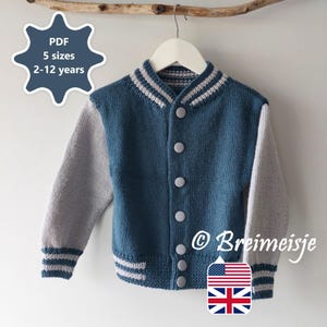 Letterman Jacket Knitting Pattern Kids 5 sizes 2-12 years | English Only | Varsity Jacket | Row by row description with lots of photo’s!