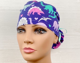Ponytail Scrub Cap - Scrub Hat - Surgical Cap - Dinos in Love - Scrub Hat with Buttons - Scrub Cap with Satin Lining