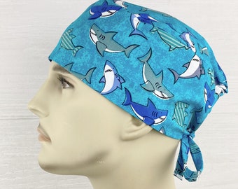 Men&#39;s Scrub Hat - Men&#39;s Scrub Cap - Men&#39;s Tieback Hat - Sharks on Blue - Scrub Hat with Buttons