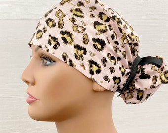 Handmade Surgical Scrub Cap - Scrub Hat - Ponytail - Gold Leopard on Light Pink - Scrub Hat with Buttons - Scrub Cap with Satin Lining