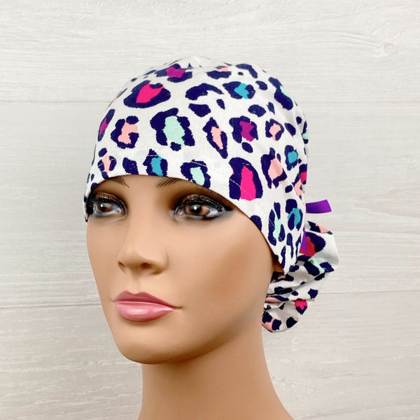 Handmade Surgical Scrub Cap - Scrub Hat - Ponytail - Neon Leopard on White - Scrub Hat with Buttons - Scrub Cap with Silk Lining