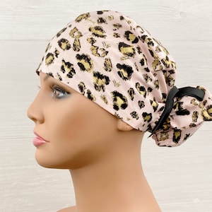 Handmade Surgical Scrub Cap - Scrub Hat - Ponytail - Gold Leopard on Light Pink - Scrub Hat with Buttons - Scrub Cap with Satin Lining