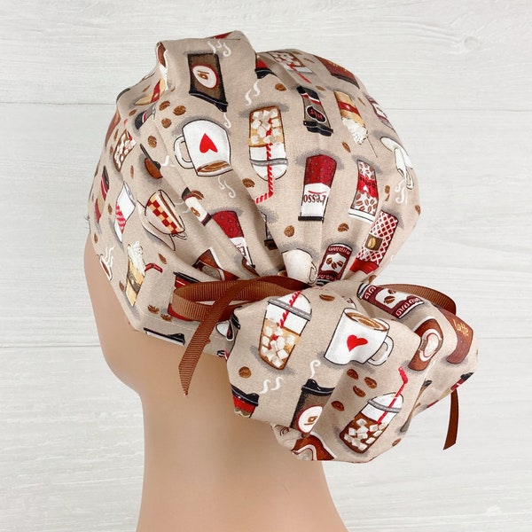 Handmade Surgical Scrub Cap - Scrub Hat - Ponytail - Coffee Love