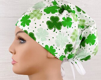 Scrub Hats for Women - Women's Tieback Hat - Scrub Caps - St Patrick's Day Gingham Clover on White - Scrub Hat with Buttons