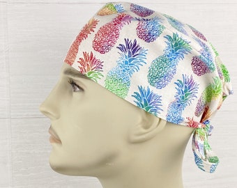 Men&#39;s Scrub Hat - Men&#39;s Scrub Cap - Men&#39;s Tieback Hat - Colorful Pineapples - Scrub Hat with Buttons