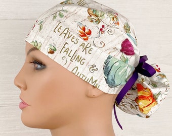 Womens Surgical Scrub Caps - Ponytail - Scrub Hat - Pumpkin Spice - Scrub Hat with Buttons - Scrub Cap with Satin Lining