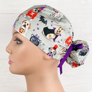Womens Surgical Scrub Caps - Ponytail - Scrub Hat - Halloween Pups - Scrub Hat with Buttons - Scrub Cap with Satin Lining