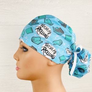 Womens Surgical Scrub Caps - Ponytail - Scrub Hat - They See Me Rolling - Scrub Hat with Buttons - Scrub Cap with Silk Lining