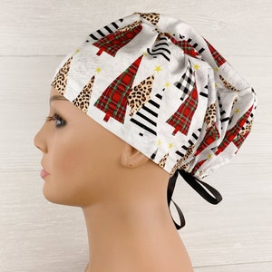 Scrub Hats for Women - Women's Tieback Hat - Scrub Caps - Designer Christmas Trees - Scrub Hat with Buttons - Scrub Cap with Satin Lining