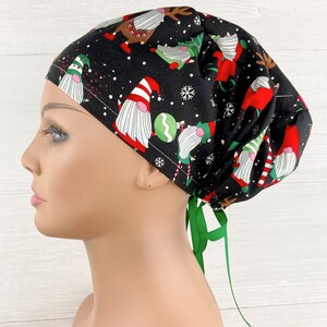 Scrub Hats for Women - Women&#39;s Tieback Hat - Scrub Caps - Christmas Gnomes - Scrub Hat with Buttons - Scrub Cap with Satin Lining