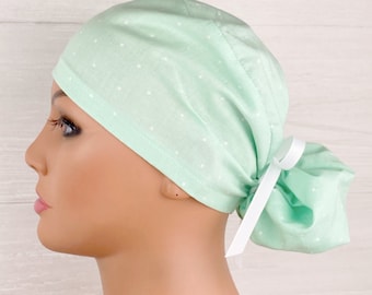 Womens Surgical Scrub Caps - Ponytail - Scrub Hat - Mint Minidot - Scrub Hat with Buttons - Scrub Cap with Satin Lining